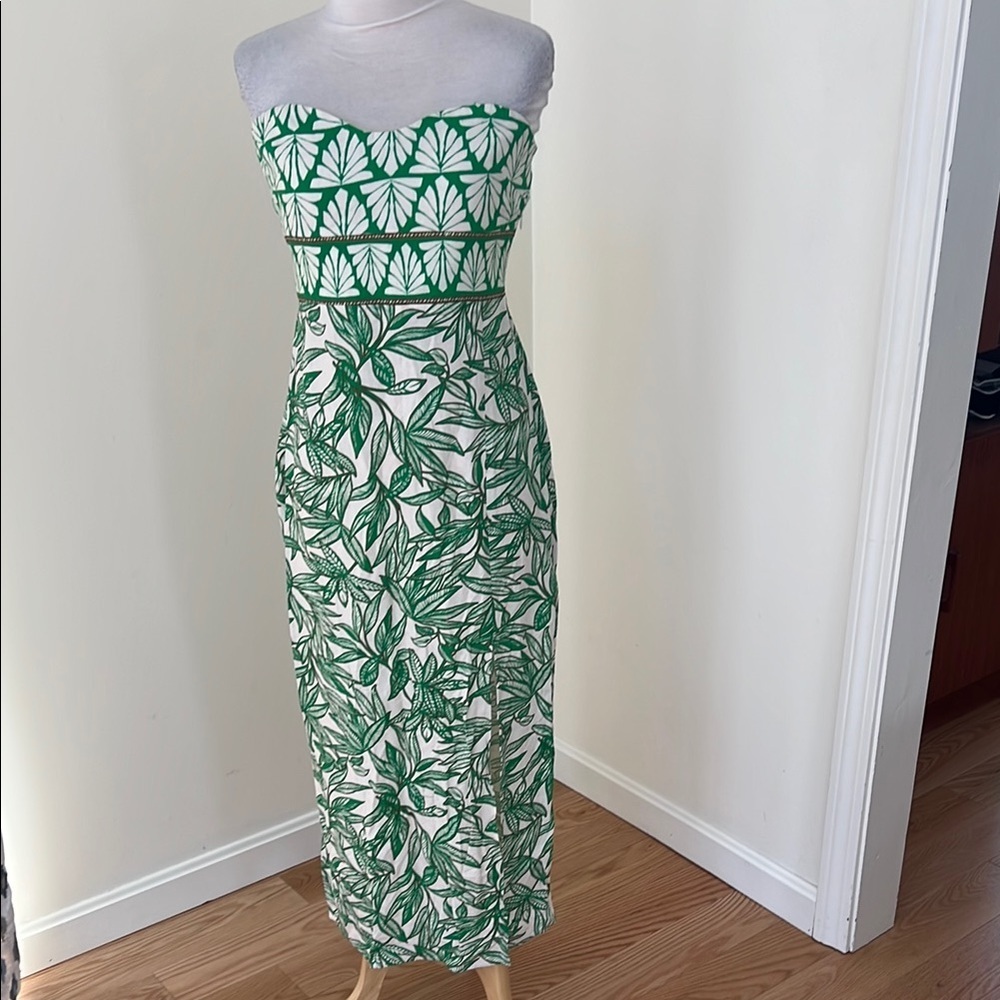 New! Zara large green printed linen /viscose strapless midi dress.
